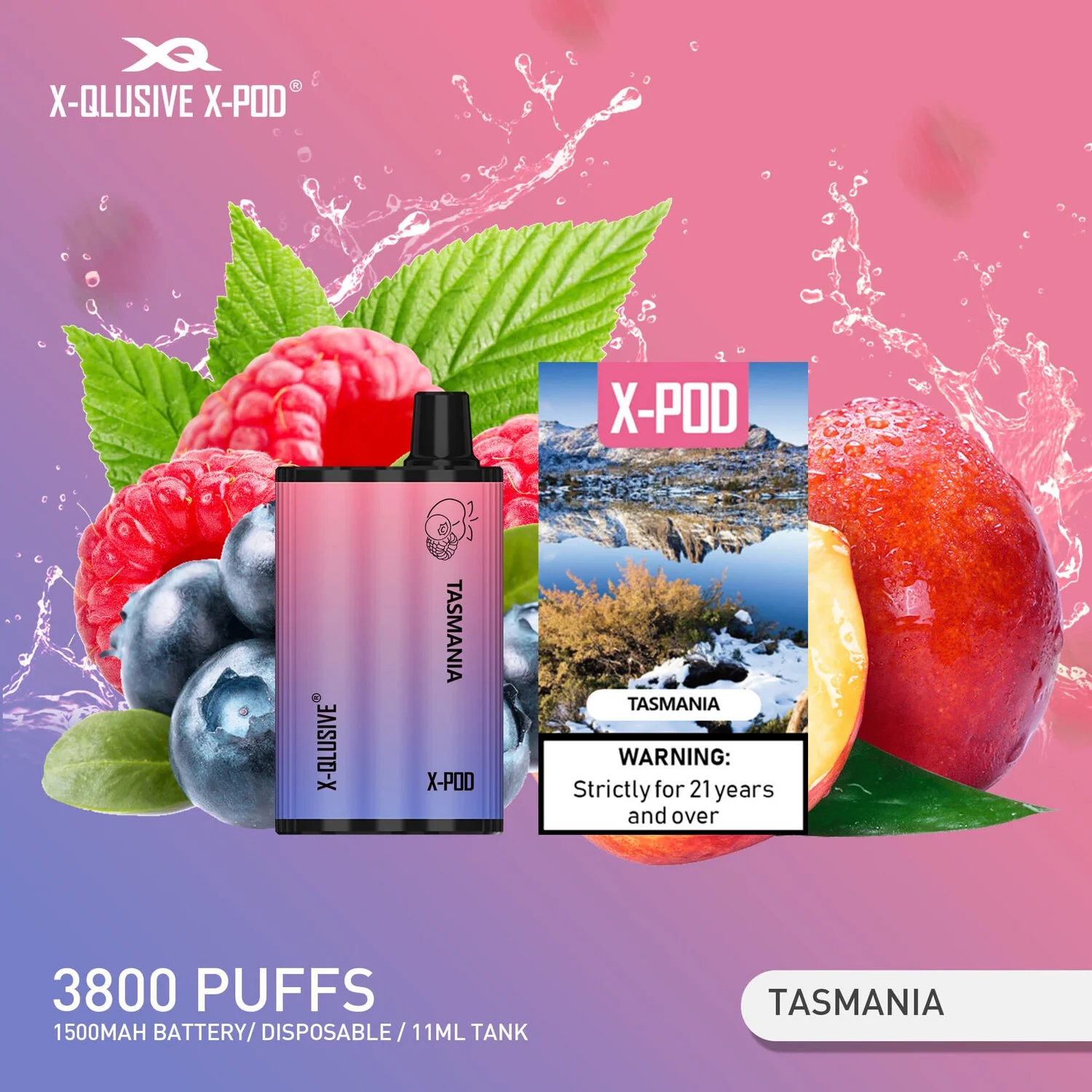 x qlusive x pod tasmania (blueberry raspberry peach) – 3800 puffs